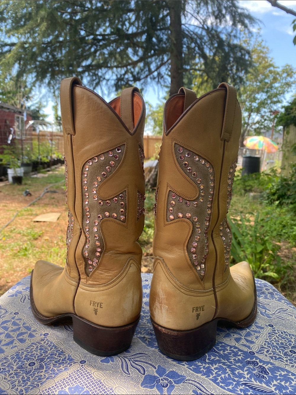 Frye Tan Leather Lace-Up Western Boots with Pink Crystal Studs